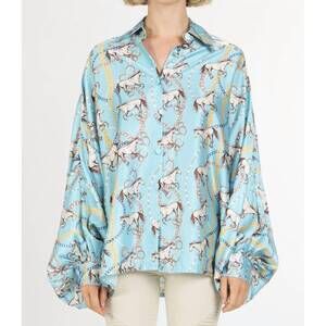 NEW BEULAHSTYLE multi-chain & horse printed satin blouse in light blue